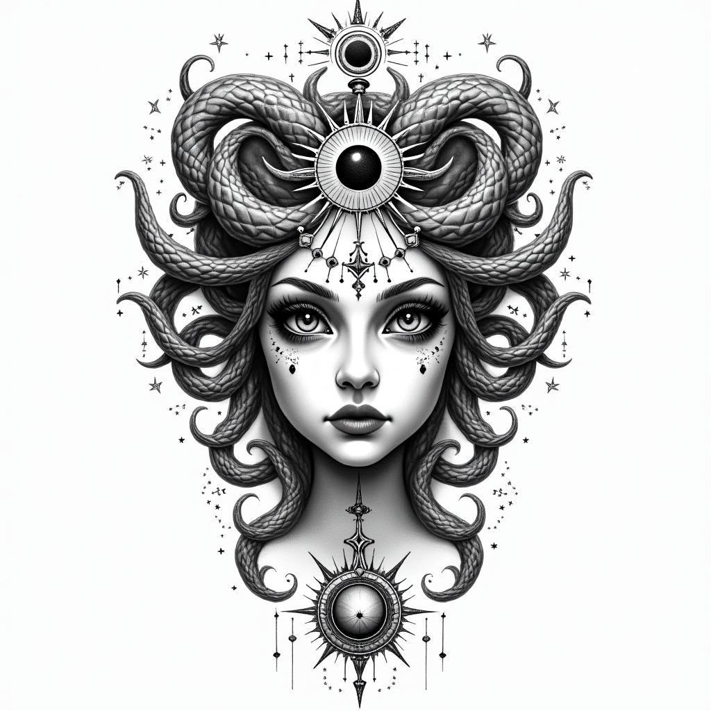 Medusa, childhood trauma, rebirth, beauty, deathin prophecy tattoo style, featuring mystical symbols, celestial imagery like stars, moons, suns, geometric patterns, foretelling elements, an eye of wisdom