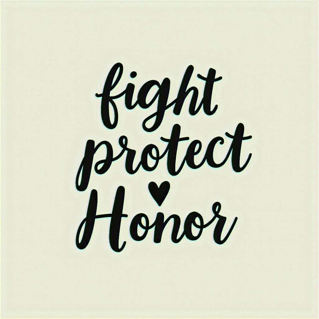 Simple. Cursive. Include words Fight. Protect. Honorin elegant cursive calligraphy style 2d tattoo, decorate with roses, featuring a smooth and flowing handwritten script with slightly thickened strokes for a luxurious and bold appearance,  heart symbol between names,  sleek and glossy black text with shadowing, minimalist matte white background, clean and sharp edges, illuminated with soft lighting, romantic, 8k, high-quality textures with refined typography - Variation 3