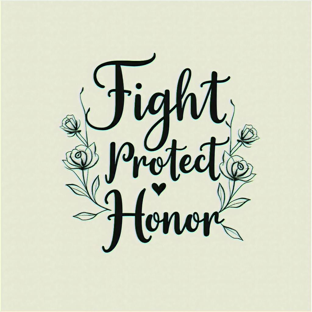 Simple. Cursive. Include words Fight. Protect. Honorin elegant cursive calligraphy style 2d tattoo, decorate with roses, featuring a smooth and flowing handwritten script with slightly thickened strokes for a luxurious and bold appearance,  heart symbol between names,  sleek and glossy black text with shadowing, minimalist matte white background, clean and sharp edges, illuminated with soft lighting, romantic, 8k, high-quality textures with refined typography - Variation 4