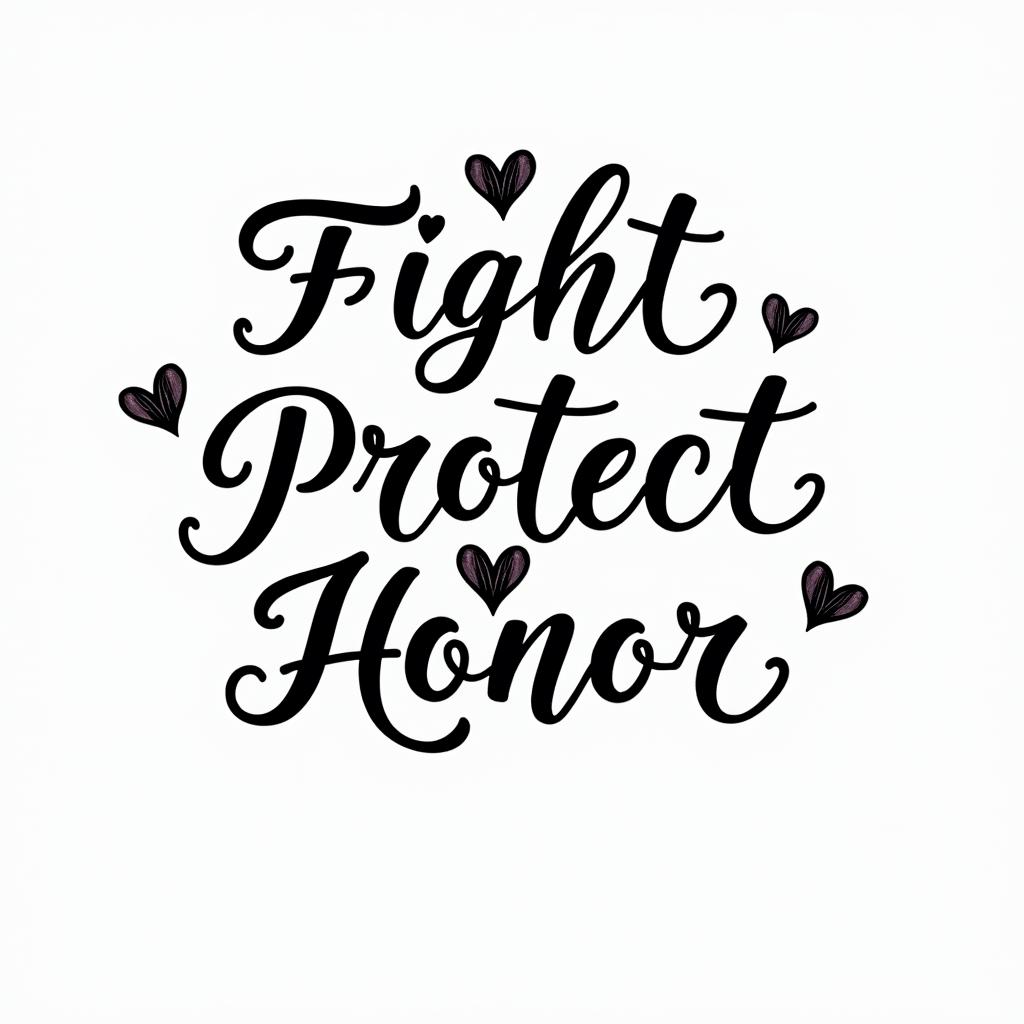 Simple. Cursive. Include words Fight. Protect. Honorin elegant cursive calligraphy style 2d tattoo, decorate with roses, featuring a smooth and flowing handwritten script with slightly thickened strokes for a luxurious and bold appearance,  heart symbol between names,  sleek and glossy black text with shadowing, minimalist matte white background, clean and sharp edges, illuminated with soft lighting, romantic, 8k, high-quality textures with refined typography - Variation 2