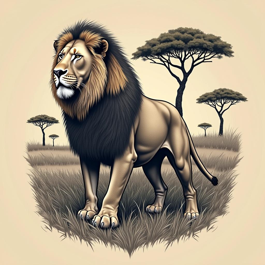 An intricate tattoo design featuring a lion set against a detailed safari background, incorporating elements like tall grass and acacia trees.undefined