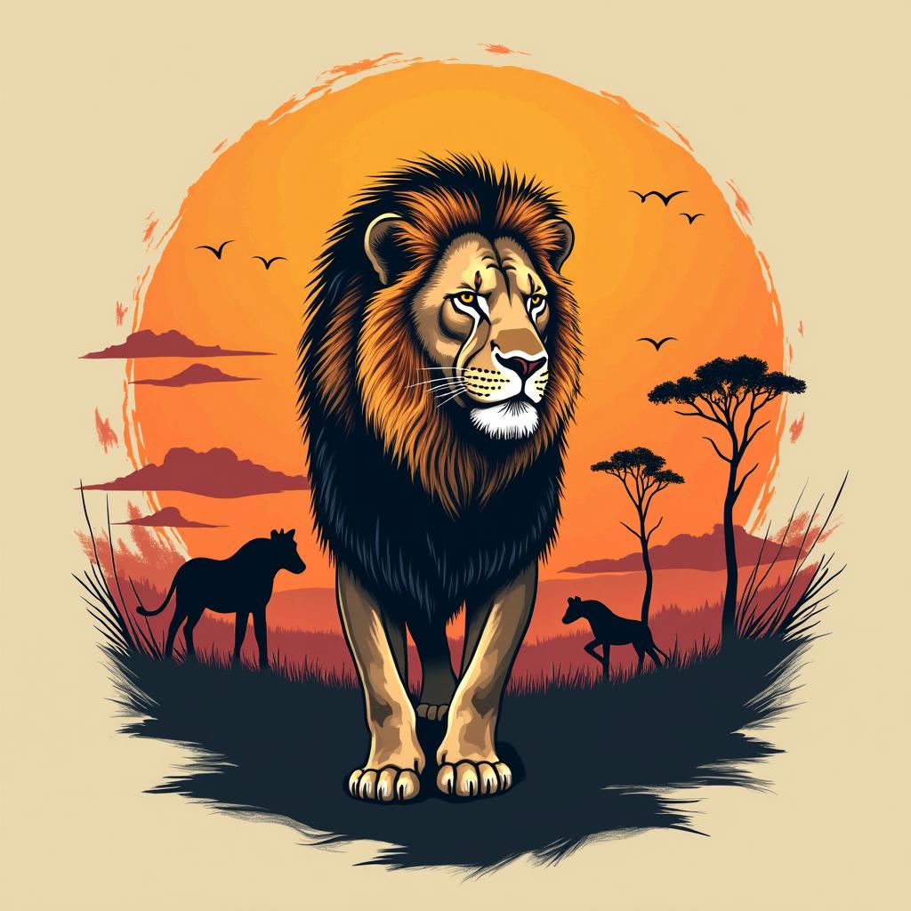 A stylized tattoo of a lion in a safari landscape, surrounded by silhouettes of wildlife and sunset hues.undefined