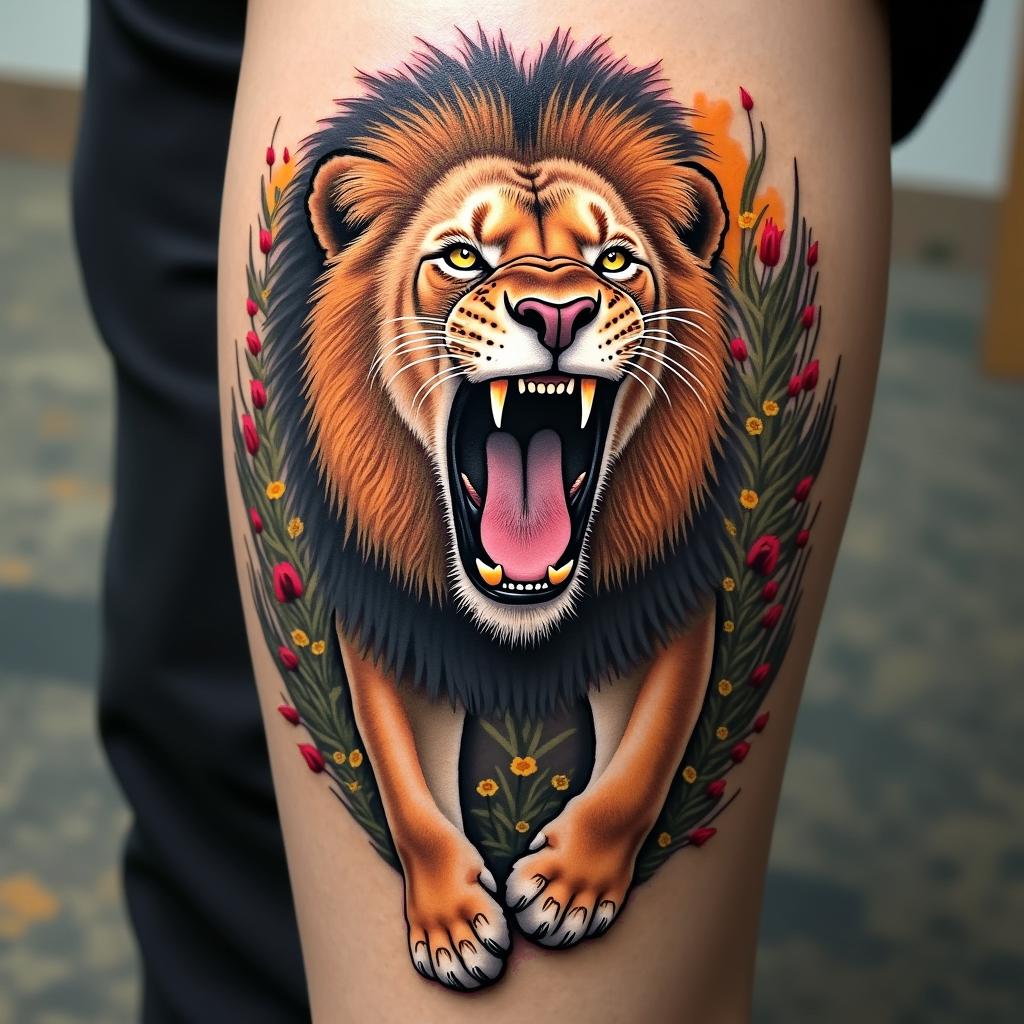 A bold tattoo depicting a lion roaring amidst a vibrant safari scene, capturing the essence of the wild.undefined