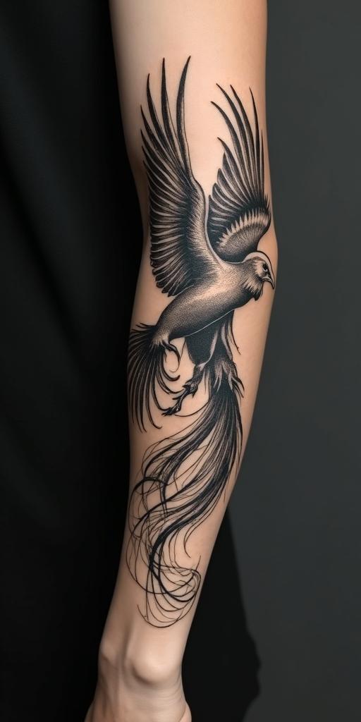 arm cover up, mother of 3 kids relating to a phoenixin portrait tattoo style, featuring a highly realistic and detailed depiction  - Variation 2
