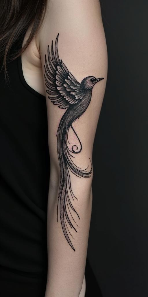arm cover up, mother of 3 kids relating to a phoenixin portrait tattoo style, featuring a highly realistic and detailed depiction  - Variation 4