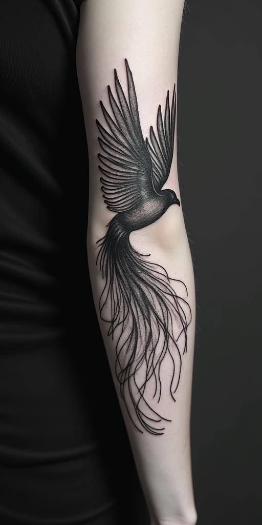 arm cover up, mother of 3 kids relating to a phoenixin portrait tattoo style, featuring a highly realistic and detailed depiction  - Variation 3