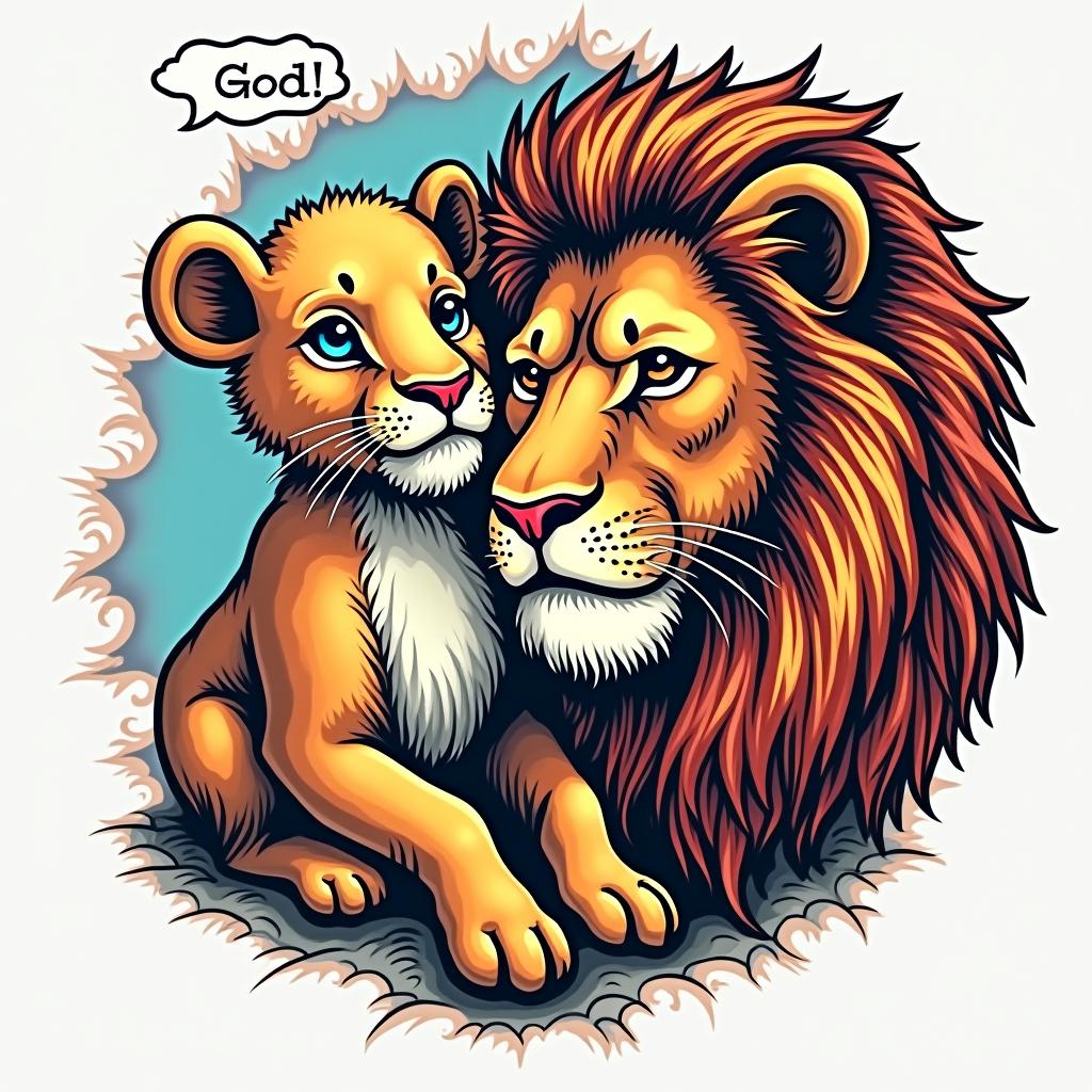 God, lamb, lion, family, self-lovein pop art style tattoo, featuring bold and vibrant colors, exaggerated outlines, iconic imagery, inspired by comic books and speech bubbles, comic book characters, retro pop culture - Variation 1