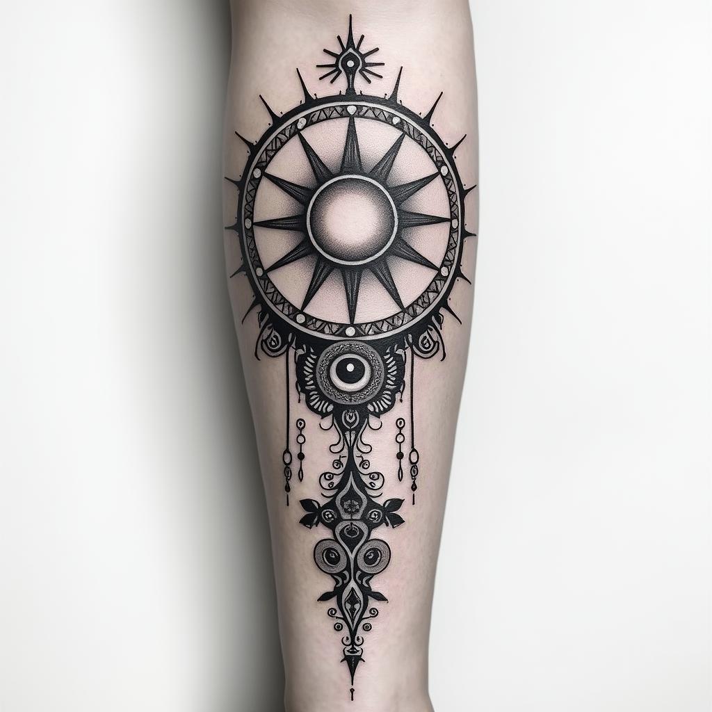 i want a full sleeve tattoo including a buddhism hand, as well as a flaming sun & arabic letters meaning water signsin spiritual symbols tattoo style, featuring an intricate design incorporating elements, Hamsa hand, third eye, minimalist composition - Variation 3