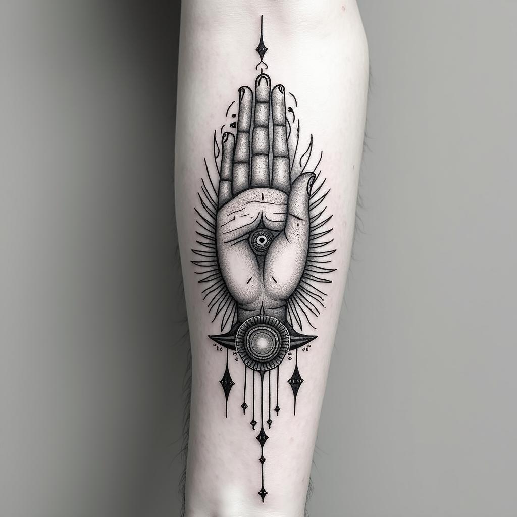 i want a full sleeve tattoo including a buddhism hand, as well as a flaming sun & arabic letters meaning water signsin spiritual symbols tattoo style, featuring an intricate design incorporating elements, Hamsa hand, third eye, minimalist composition - Variation 4