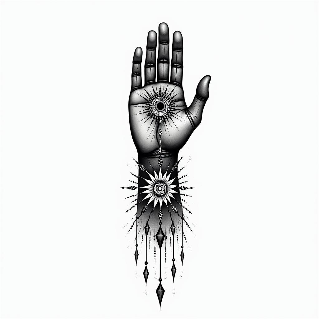 i want a full sleeve tattoo including a buddhism hand, as well as a flaming sun & arabic letters meaning water signsin spiritual symbols tattoo style, featuring an intricate design incorporating elements, Hamsa hand, third eye, minimalist composition - Variation 2