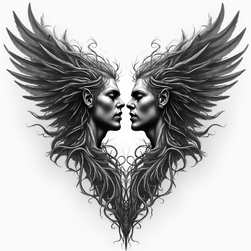 Heaven and hell battlein portrait tattoo style, featuring a highly realistic and detailed depiction  - Variation 4