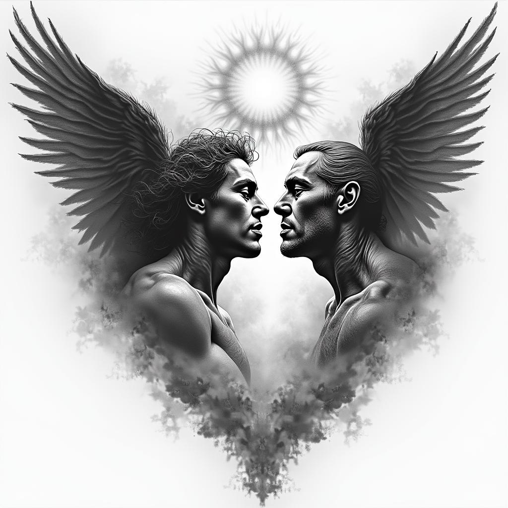 Heaven and hell battlein portrait tattoo style, featuring a highly realistic and detailed depiction  - Variation 3