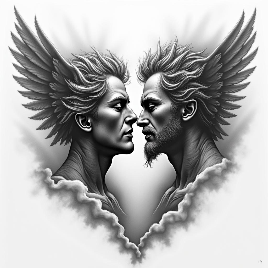 Heaven and hell battlein portrait tattoo style, featuring a highly realistic and detailed depiction  - Variation 2