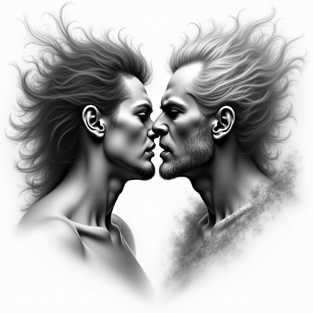 Heaven and hell battlein portrait tattoo style, featuring a highly realistic and detailed depiction 