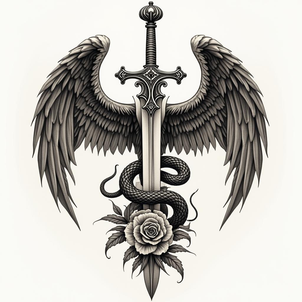 Back tattoo with wings across shoulder. A sword down the middle with two vipers along the blade and the sword handle with either a cross of crown designin victorian style tattoo, featuring vintage and elegant elements, ornate frames, roses, antique, sepia-toned color scheme - Variation 2