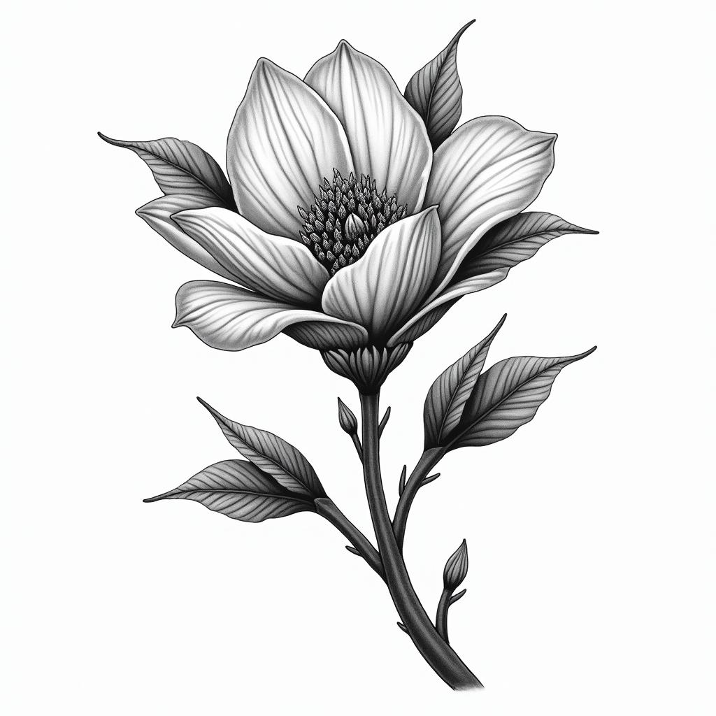 Magnolia treein authentic tattoo style, incorporating traditional modifications, bold black outlines, solid color fills, featuring classic authentic elements - Variation 2