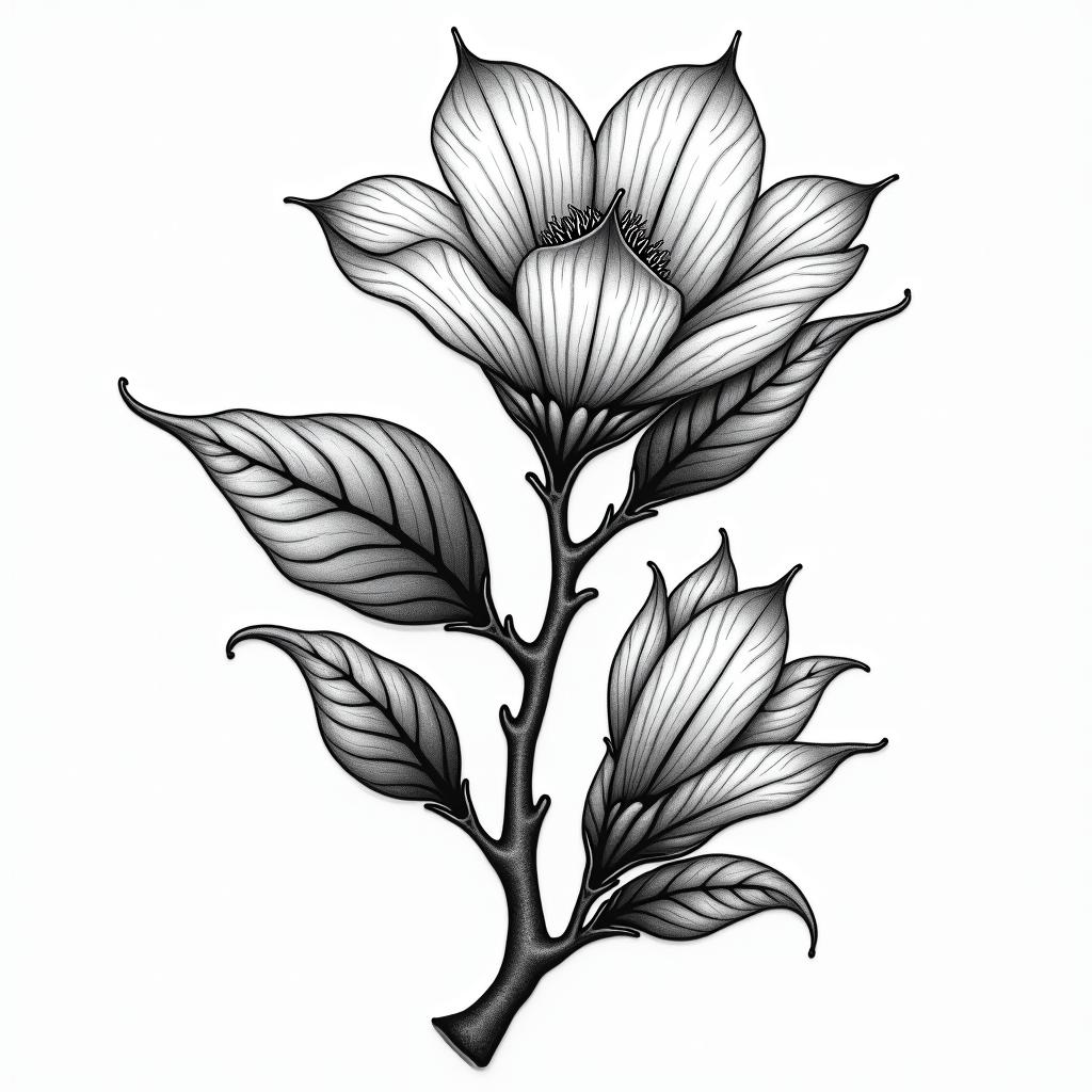 Magnolia treein authentic tattoo style, incorporating traditional modifications, bold black outlines, solid color fills, featuring classic authentic elements - Variation 4