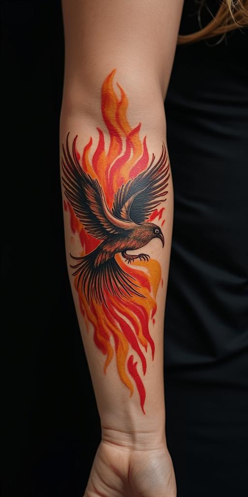 arm cover up, mother of 3 kids relating to a phoenixin flame tattoo style showcasing fiery elements with dynamic flame patterns, glowing effect of flames, natural colors - Variation 4