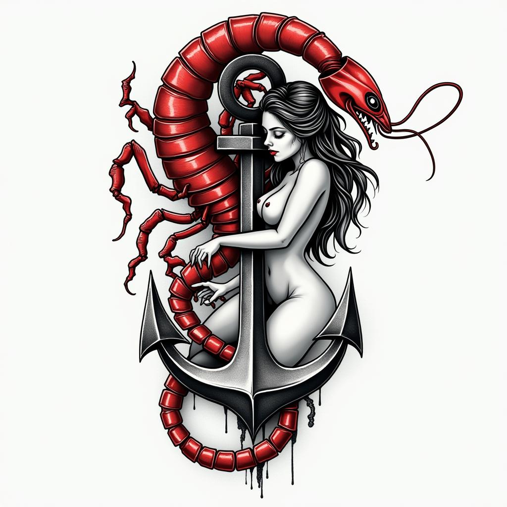 Red scorpion and sexy woman intertwined with an anchor.higly detailed tattoo