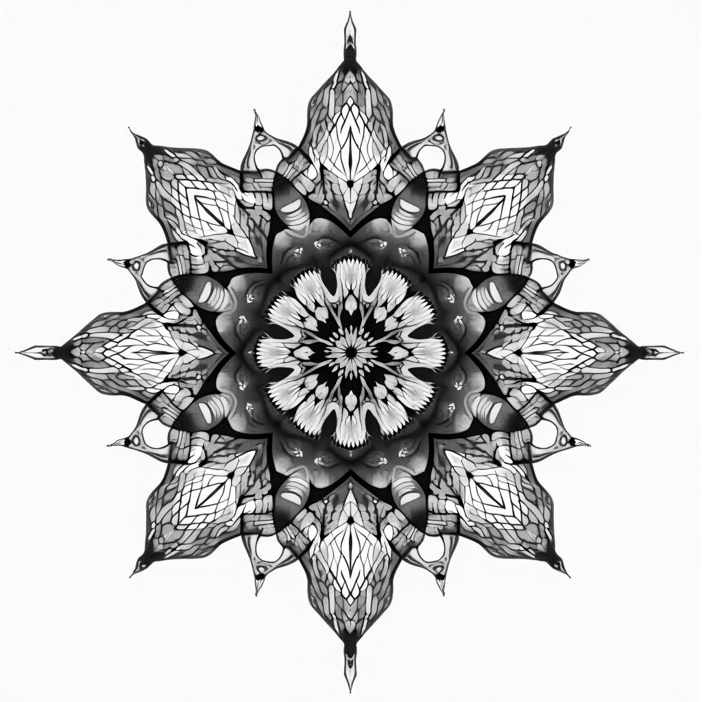 Fractal, Mandelbrot in geometric style tattoo, blending hexagons, mandala-inspired patterns, symmetrical and fractal design, clean lines, sharp angles - Variation 4