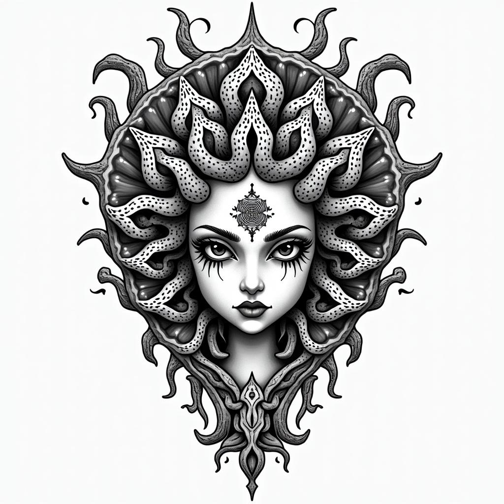 Medusa, childhood trauma, rebirth, beauty, deathin dotwork style tattoo, complex mandala patterns, interlocking geometric shapes with sharp symmetry, clean lines, sharp angles - Variation 3