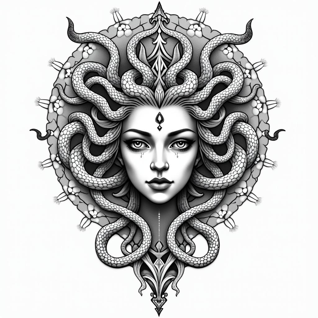 Medusa, childhood trauma, rebirth, beauty, deathin dotwork style tattoo, complex mandala patterns, interlocking geometric shapes with sharp symmetry, clean lines, sharp angles