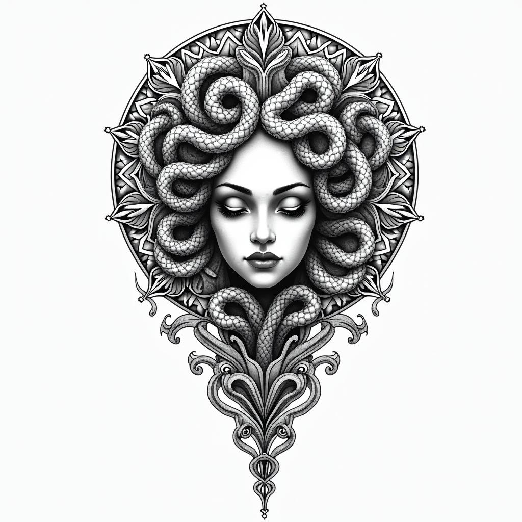 Medusa, childhood trauma, rebirth, beauty, deathin dotwork style tattoo, complex mandala patterns, interlocking geometric shapes with sharp symmetry, clean lines, sharp angles - Variation 2