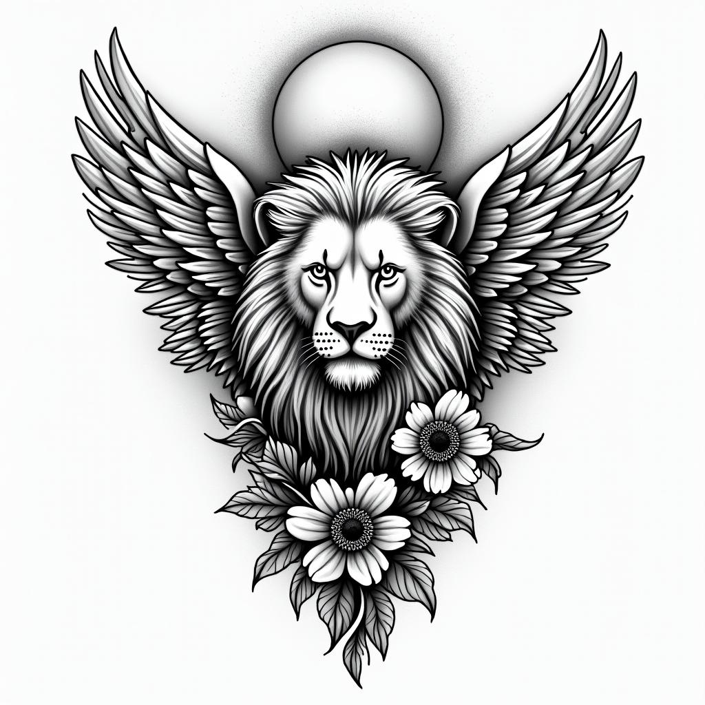 Lions, heaven, Godin authentic tattoo style, incorporating traditional modifications, bold black outlines, solid color fills, featuring classic authentic elements