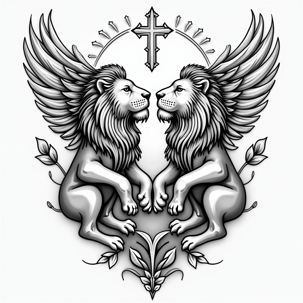 Lions, heaven, Godin authentic tattoo style, incorporating traditional modifications, bold black outlines, solid color fills, featuring classic authentic elements - Variation 3