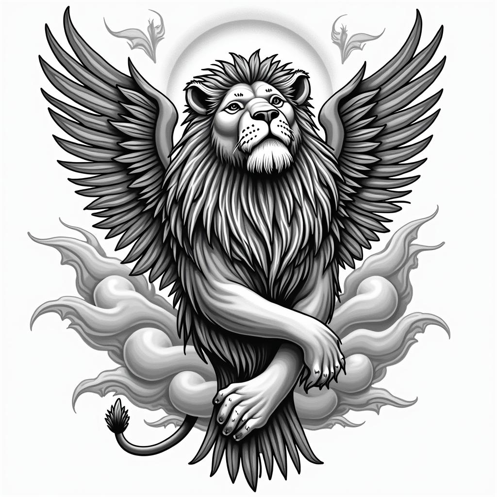 Lions, heaven, Godin authentic tattoo style, incorporating traditional modifications, bold black outlines, solid color fills, featuring classic authentic elements - Variation 2