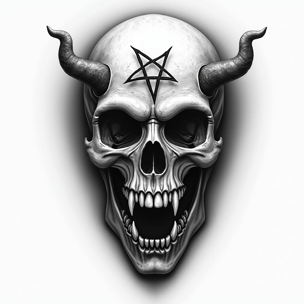 Heaven and hell battlecreepy horror tattoo style, featuring an eerie and unsettling skull of a demonic creature, distorted face with sharp fangs, add pentagram symbol - Variation 1