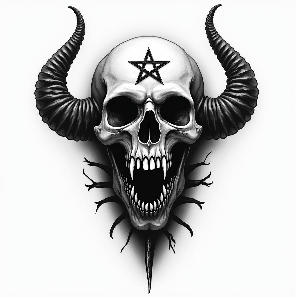 Heaven and hell battlecreepy horror tattoo style, featuring an eerie and unsettling skull of a demonic creature, distorted face with sharp fangs, add pentagram symbol - Variation 3