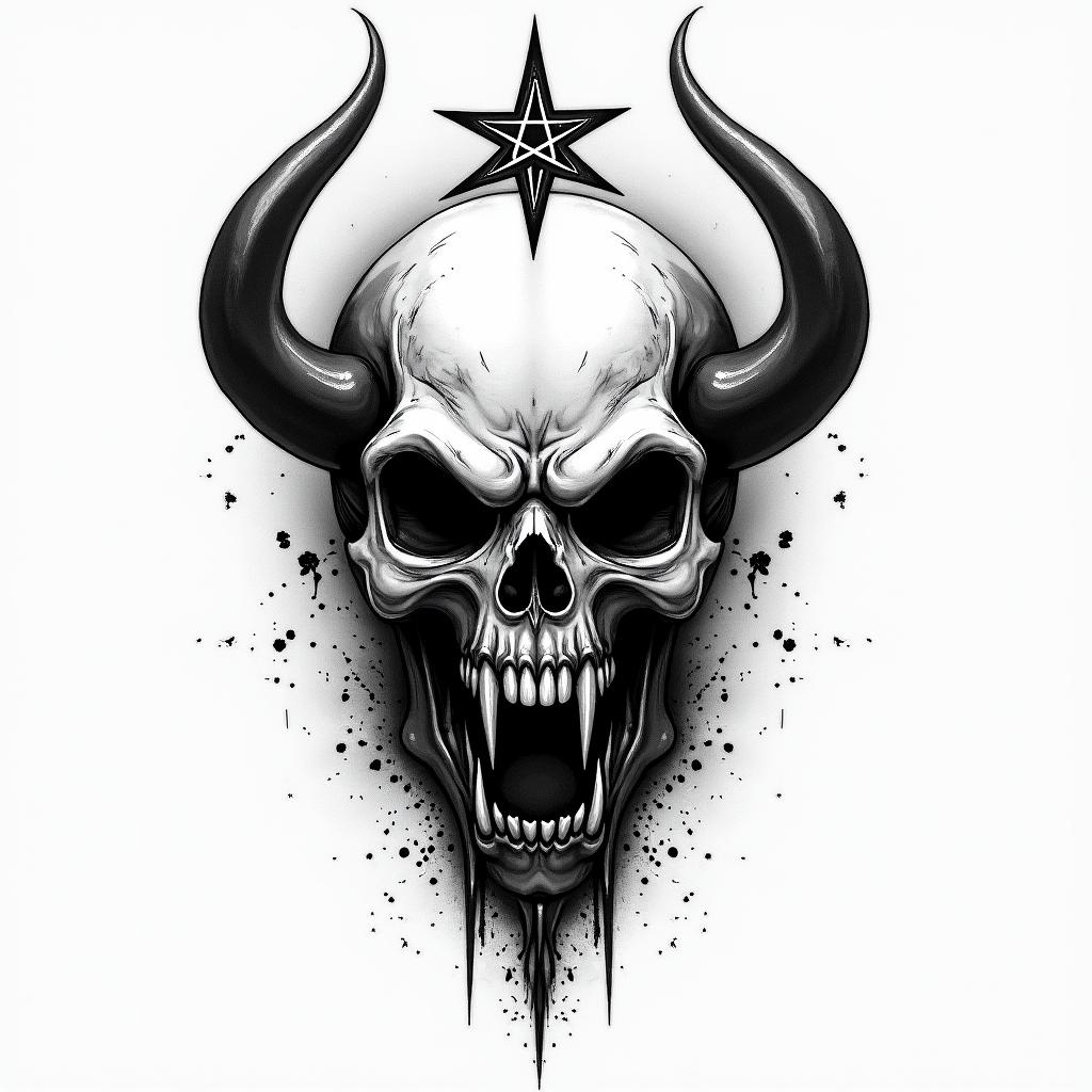 Heaven and hell battlecreepy horror tattoo style, featuring an eerie and unsettling skull of a demonic creature, distorted face with sharp fangs, add pentagram symbol - Variation 4