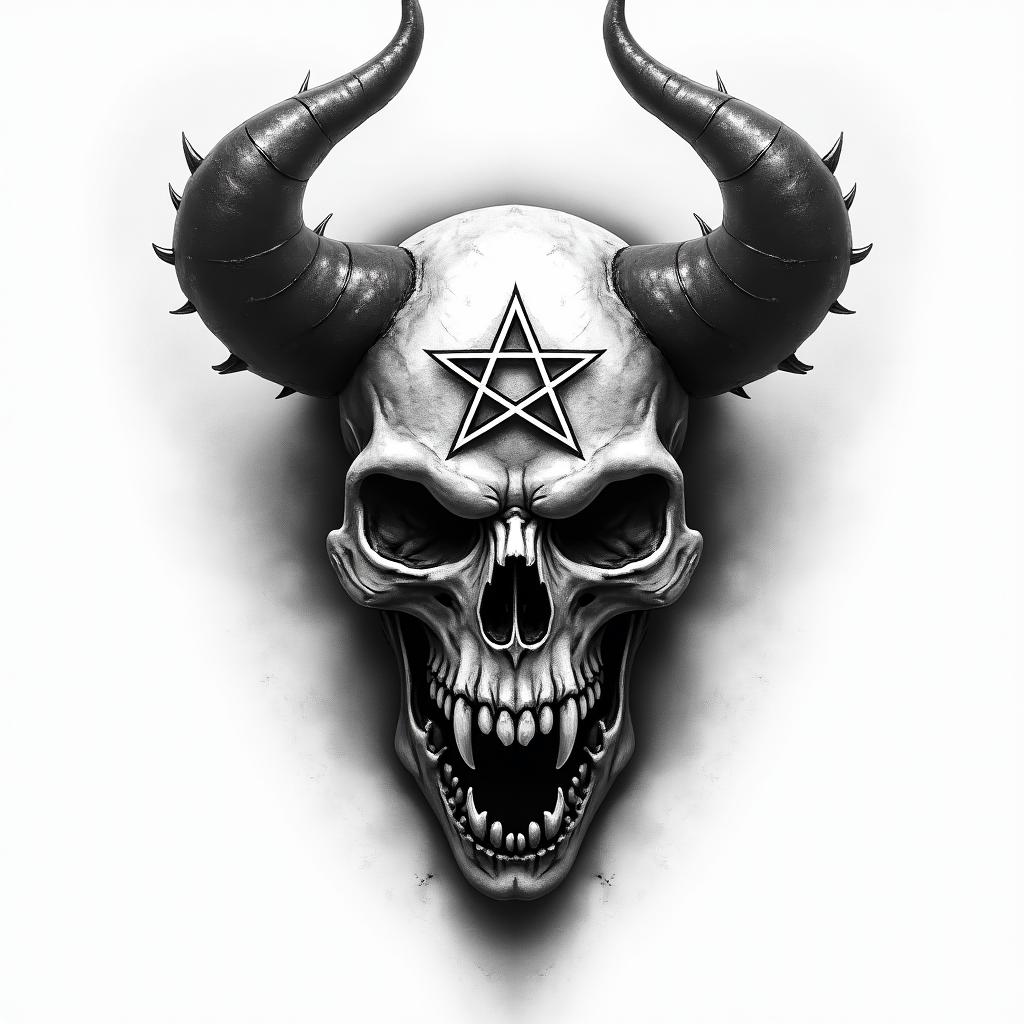Heaven and hell battlecreepy horror tattoo style, featuring an eerie and unsettling skull of a demonic creature, distorted face with sharp fangs, add pentagram symbol - Variation 2