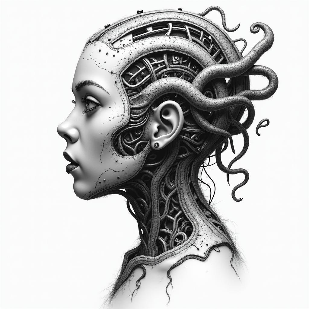 Medusa, childhood trauma, rebirth, beauty, deathtattoo in biomechanic style, the tattoo covered by robotic elements of futuristic cyberpunk design, robotic features detail, showcasing intricate mechanical components - Variation 3