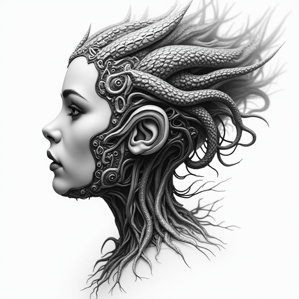 Medusa, childhood trauma, rebirth, beauty, deathtattoo in biomechanic style, the tattoo covered by robotic elements of futuristic cyberpunk design, robotic features detail, showcasing intricate mechanical components - Variation 2