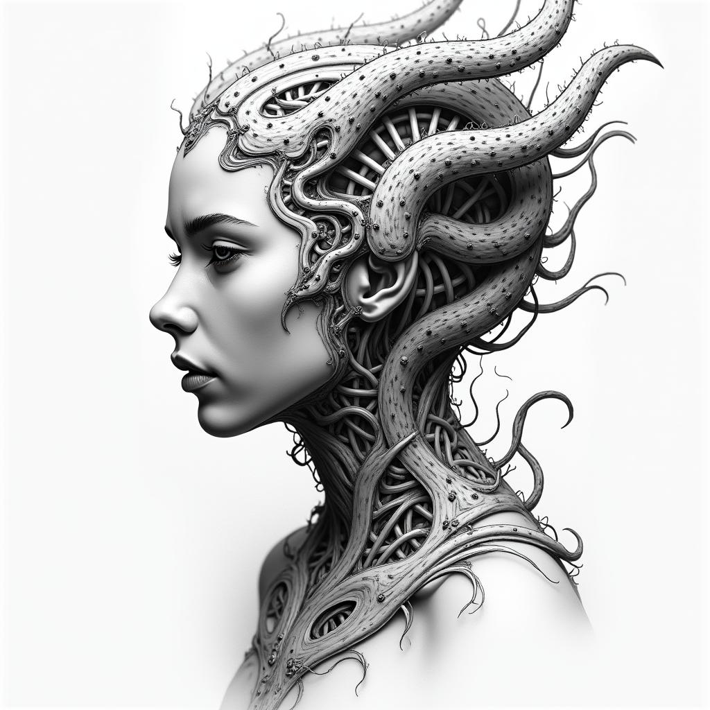 Medusa, childhood trauma, rebirth, beauty, deathtattoo in biomechanic style, the tattoo covered by robotic elements of futuristic cyberpunk design, robotic features detail, showcasing intricate mechanical components - Variation 4