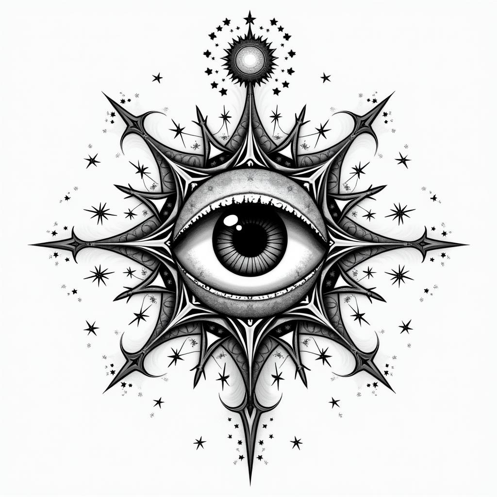 Fractal, Mandelbrotin prophecy tattoo style, featuring mystical symbols, celestial imagery like stars, moons, suns, geometric patterns, foretelling elements, an eye of wisdom - Variation 2