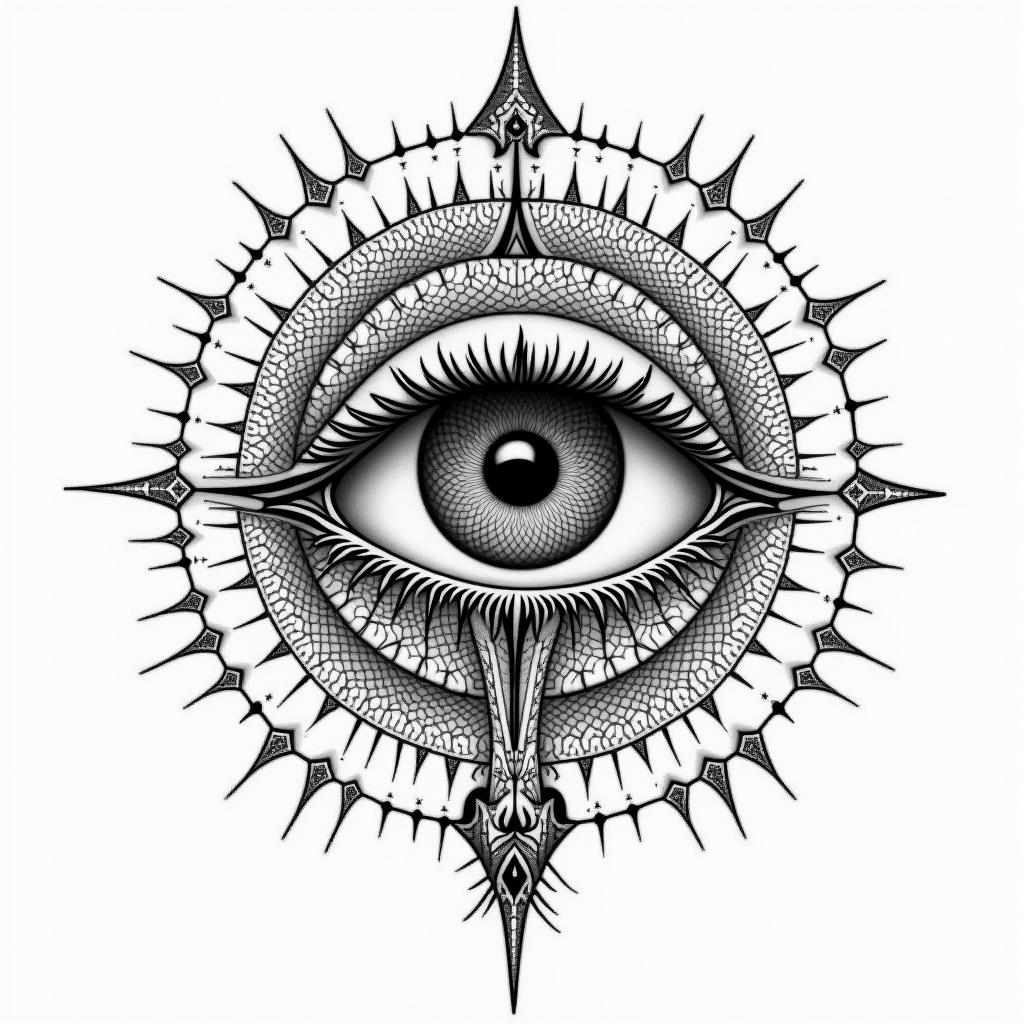Fractal, Mandelbrotin prophecy tattoo style, featuring mystical symbols, celestial imagery like stars, moons, suns, geometric patterns, foretelling elements, an eye of wisdom - Variation 3