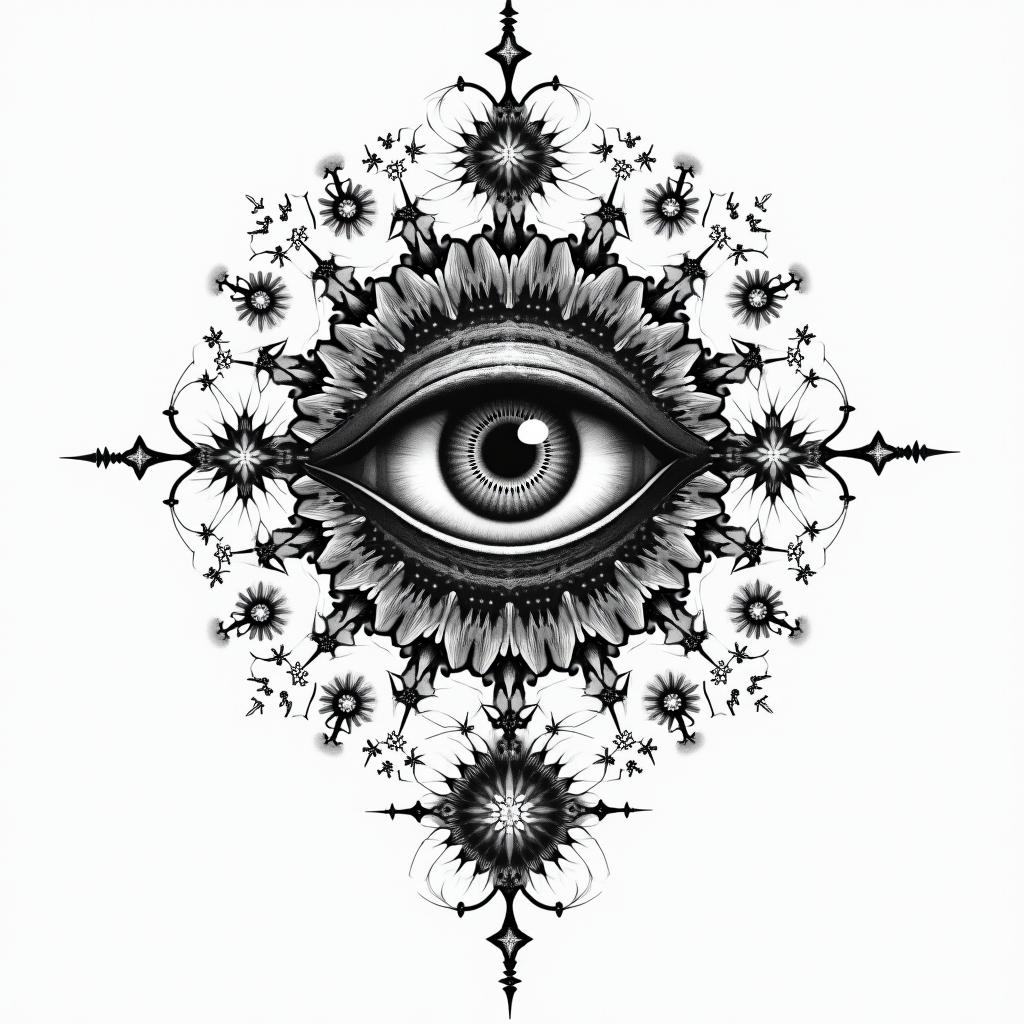 Fractal, Mandelbrotin prophecy tattoo style, featuring mystical symbols, celestial imagery like stars, moons, suns, geometric patterns, foretelling elements, an eye of wisdom - Variation 1