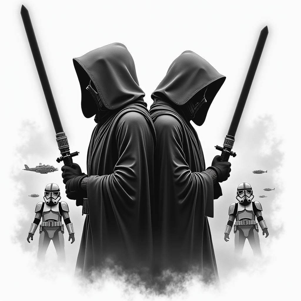 A dramatic tattoo design featuring two hooded Jedi standing side by side, each wielding black lightsabers, accompanied by a clone trooper. In the background, a dynamic space battle unfolds with starships engaged in combat. The overall theme emphasizes their deep friendship throughout the Clone Wars, with a focus on unity and loyalty, in a predominantly black color scheme.higly detailed tattoo - Variation 2