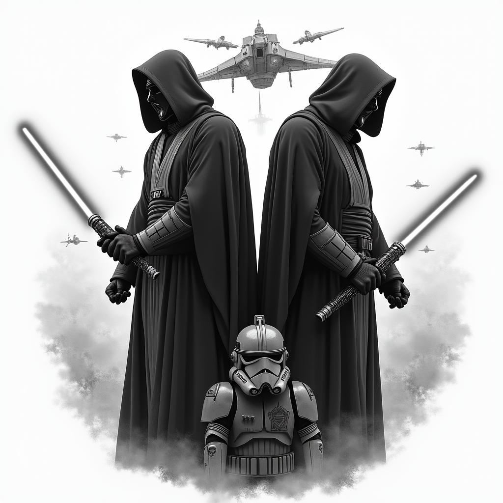 A dramatic tattoo design featuring two hooded Jedi standing side by side, each wielding black lightsabers, accompanied by a clone trooper. In the background, a dynamic space battle unfolds with starships engaged in combat. The overall theme emphasizes their deep friendship throughout the Clone Wars, with a focus on unity and loyalty, in a predominantly black color scheme.higly detailed tattoo