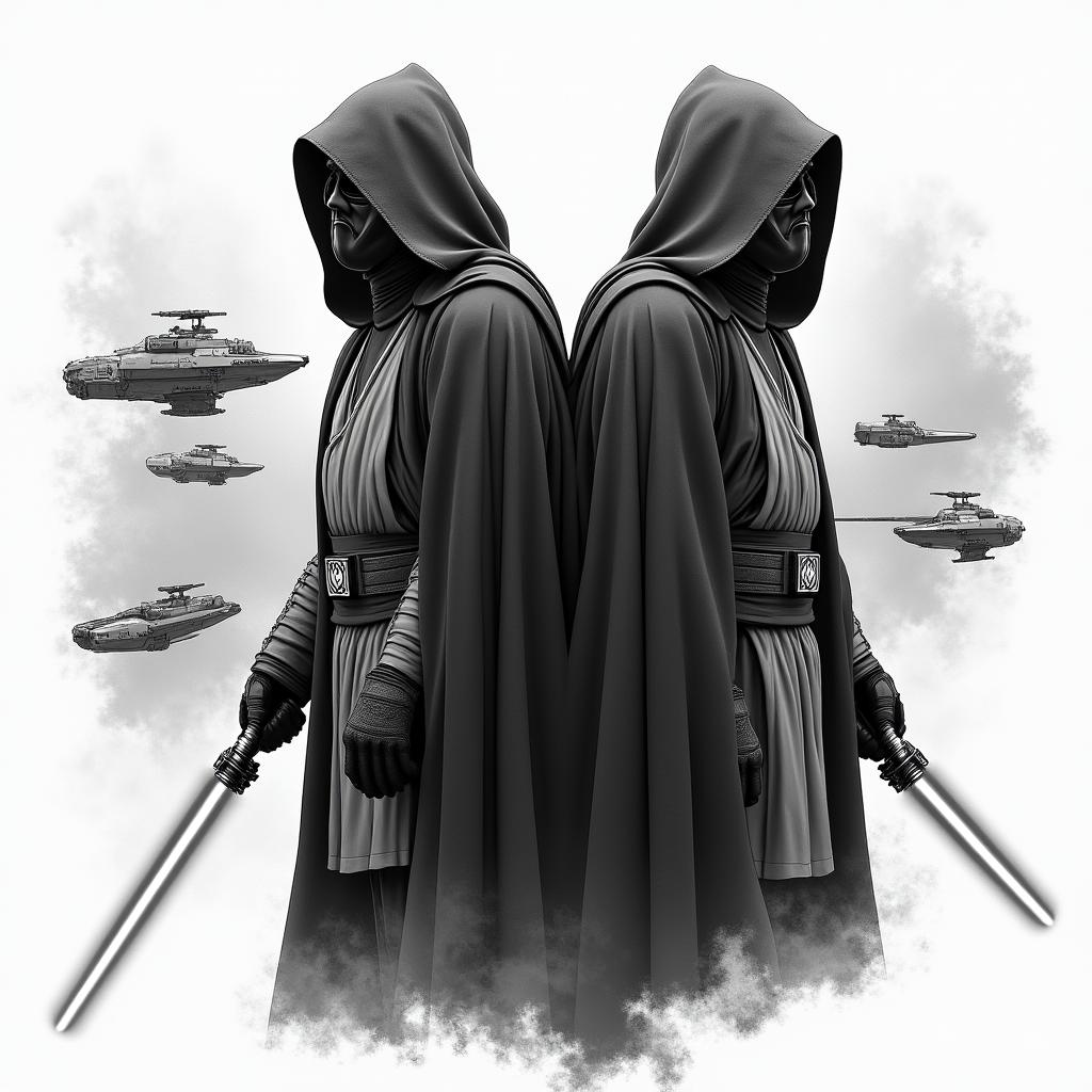 A dramatic tattoo design featuring two hooded Jedi standing side by side, each wielding black lightsabers, accompanied by a clone trooper. In the background, a dynamic space battle unfolds with starships engaged in combat. The overall theme emphasizes their deep friendship throughout the Clone Wars, with a focus on unity and loyalty, in a predominantly black color scheme.higly detailed tattoo - Variation 3
