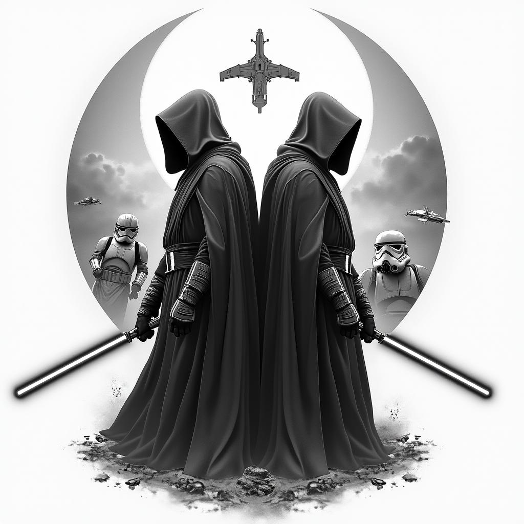 A dramatic tattoo design featuring two hooded Jedi standing side by side, each wielding black lightsabers, accompanied by a clone trooper. In the background, a dynamic space battle unfolds with starships engaged in combat. The overall theme emphasizes their deep friendship throughout the Clone Wars, with a focus on unity and loyalty, in a predominantly black color scheme.higly detailed tattoo - Variation 4