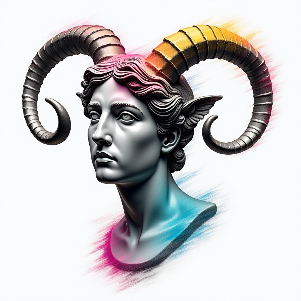 Taurus and Leo Signin distorted and fragmented tattoo design, featuring a classical statue bust, in a glitch art style with vibrant, overlapping colors of cyan, magenta, and yellow, creating a digital distortion effect