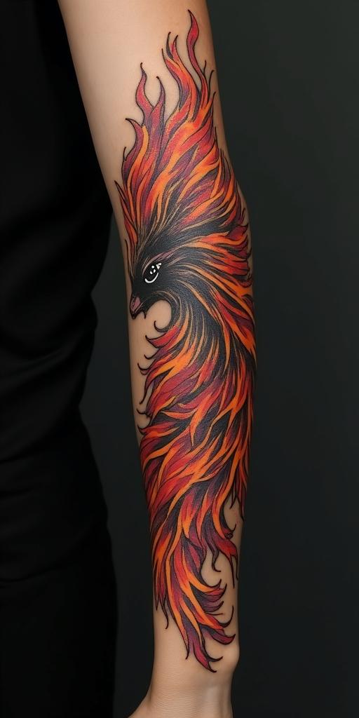 arm cover up, mother of 3 kids relating to a phoenix mix with wolfin flame tattoo style showcasing fiery elements with dynamic flame patterns, glowing effect of flames, natural colors - Variation 2