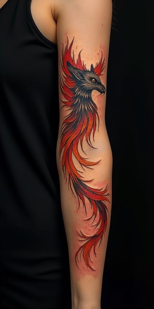 arm cover up, mother of 3 kids relating to a phoenix mix with wolfin flame tattoo style showcasing fiery elements with dynamic flame patterns, glowing effect of flames, natural colors