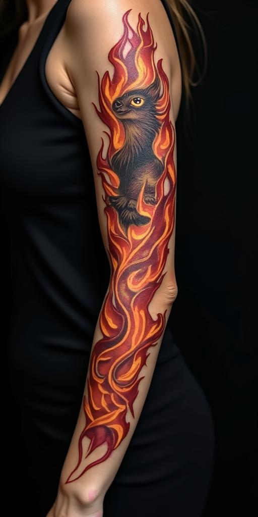 arm cover up, mother of 3 kids relating to a phoenix mix with wolfin flame tattoo style showcasing fiery elements with dynamic flame patterns, glowing effect of flames, natural colors - Variation 3