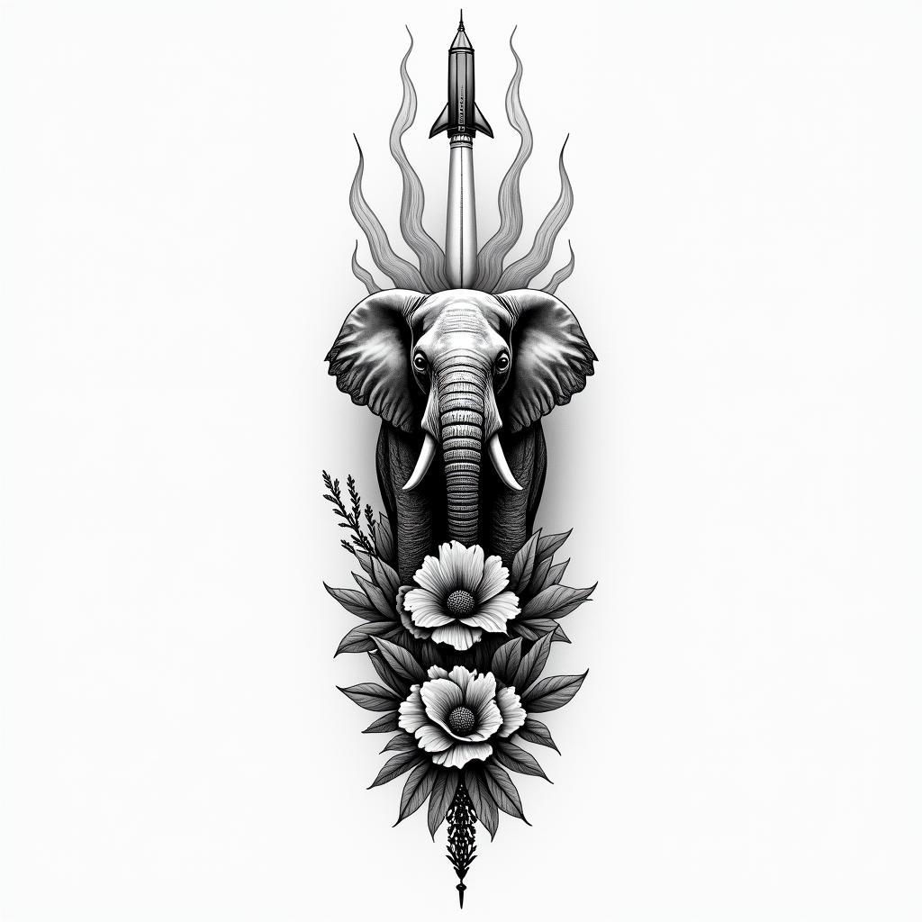 Design a black and grey tattoo for the inner right forearm in a surreal, geometric fine-line style. The composition should flow vertically down the arm and balance realism with abstract elements. Key elements include:
	•	A realistic elephant, symbolizing strength and memory, as the central figure.
	•	A mythical blacksmith figure (inspired by ancient Roman lore), forging at an anvil with geometric flame and hammer motifs around him — representing creativity and transformation.
	•	The Alabama state flower (camellia) delicately wrapped near the lower portion of the design, blending into the geometric flow.
	•	The Saturn V rocket launching upward near the upper portion, its plume formed with abstract, linear smoke patterns breaking into space.
	•	Integrate the Roman numeral “LX” (60) subtly into a mechanical or astrological element.
	•	Use soft gradients, negative space, and fine dotwork to tie the elements together with a mystical, introspective tone.higly detailed tattoo
