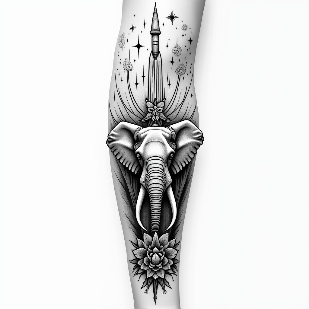 Design a black and grey tattoo for the inner right forearm in a surreal, geometric fine-line style. The composition should flow vertically down the arm and balance realism with abstract elements. Key elements include:
	•	A realistic elephant, symbolizing strength and memory, as the central figure.
	•	A mythical blacksmith figure (inspired by ancient Roman lore), forging at an anvil with geometric flame and hammer motifs around him — representing creativity and transformation.
	•	The Alabama state flower (camellia) delicately wrapped near the lower portion of the design, blending into the geometric flow.
	•	The Saturn V rocket launching upward near the upper portion, its plume formed with abstract, linear smoke patterns breaking into space.
	•	Integrate the Roman numeral “LX” (60) subtly into a mechanical or astrological element.
	•	Use soft gradients, negative space, and fine dotwork to tie the elements together with a mystical, introspective tone.higly detailed tattoo - Variation 3